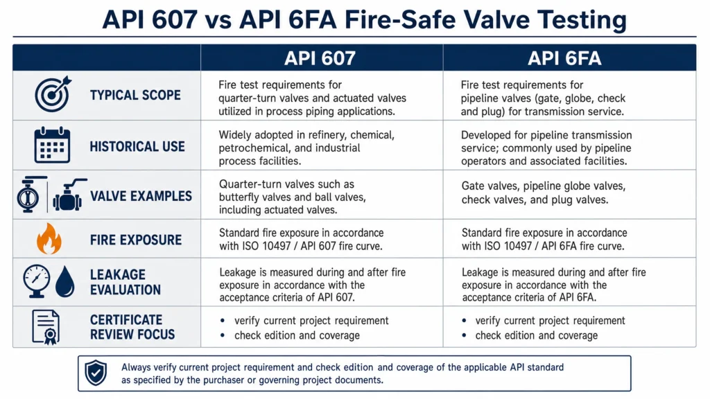 API 607 vs API 6FA comparison matrix showing typical scope, historical use, valve examples, fire exposure, leakage evaluation, and certificate review focus.