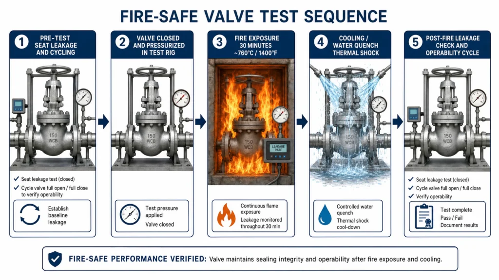 Fire-safe valve test sequence showing pre-test, pressurized fire exposure, cooling/quench, post-fire leakage check, and operability cycle.