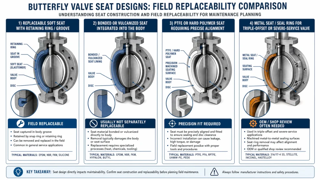 Butterfly valve seat design comparison showing replaceable soft seats, bonded seats, PTFE/hard polymer seats, and metal seat/seal ring arrangements.