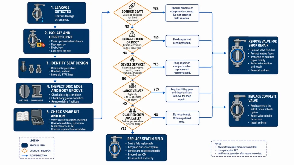 Decision flowchart showing when to replace a butterfly valve seat in the field, remove for shop repair, or replace the complete valve.