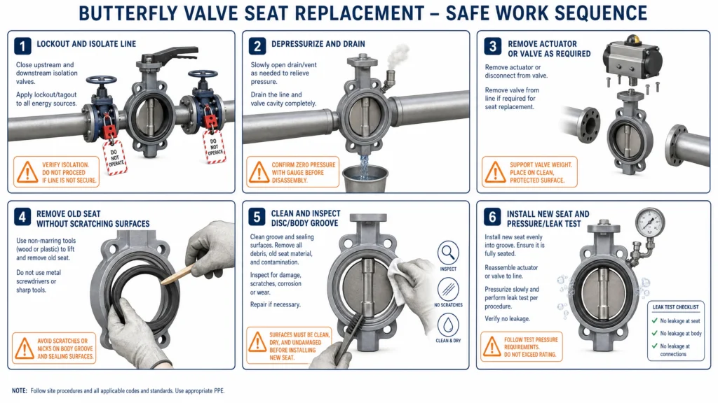 Safe butterfly valve seat replacement work sequence showing isolation, depressurizing, actuator or valve removal, old seat removal, cleaning/inspection, new seat installation, and leak testing.