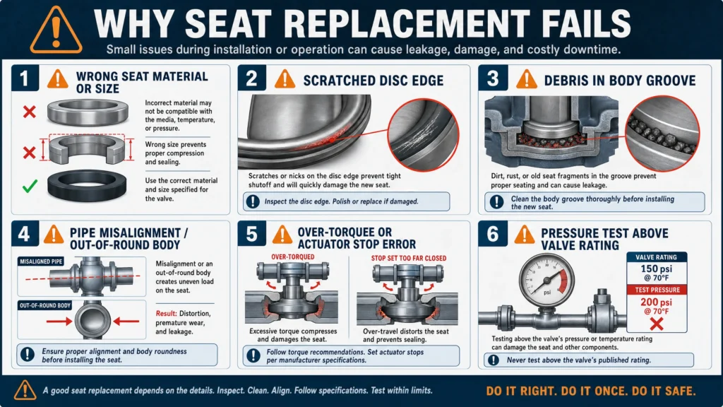 Technical warning infographic showing common causes of butterfly valve seat replacement failure.
