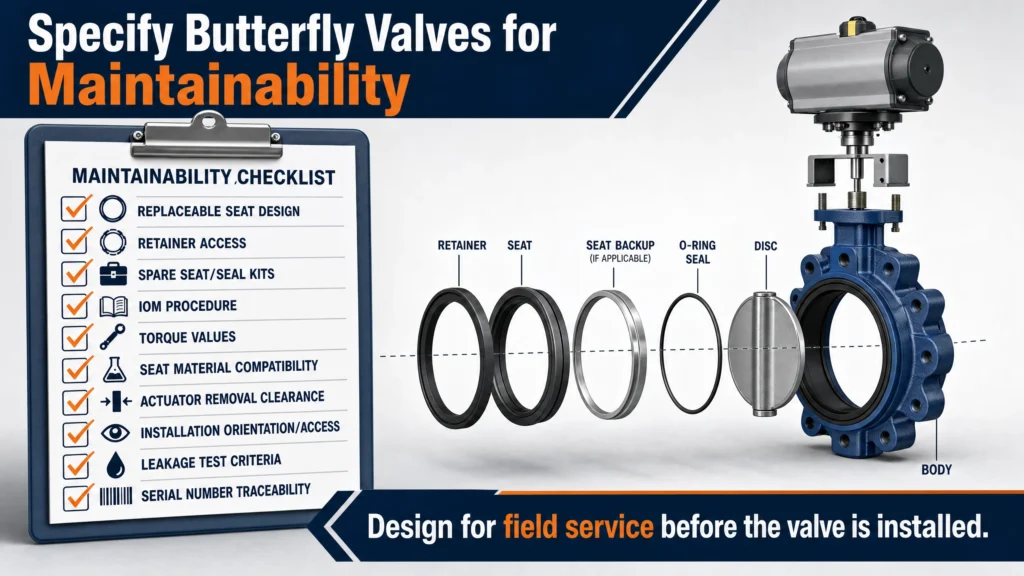 Maintainability specification checklist for butterfly valves, including replaceable seat design, retainer access, spare kits, IOM, torque values, seat material compatibility, actuator removal clearance, orientation, leakage test criteria, and traceability.
