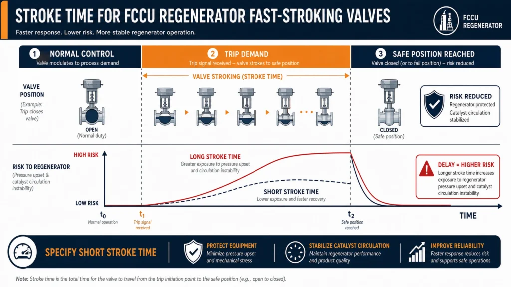 Stroke-time infographic showing normal control, trip demand, and safe-position risk window.