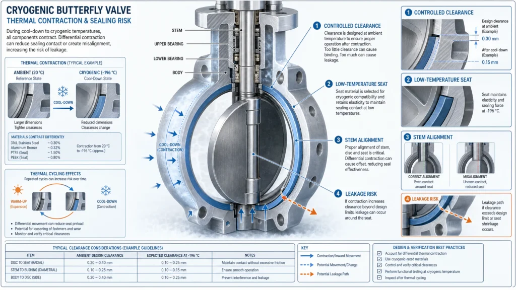 Thermal contraction and sealing risk diagram for cryogenic butterfly valve disc, seat, stem, and body clearances.