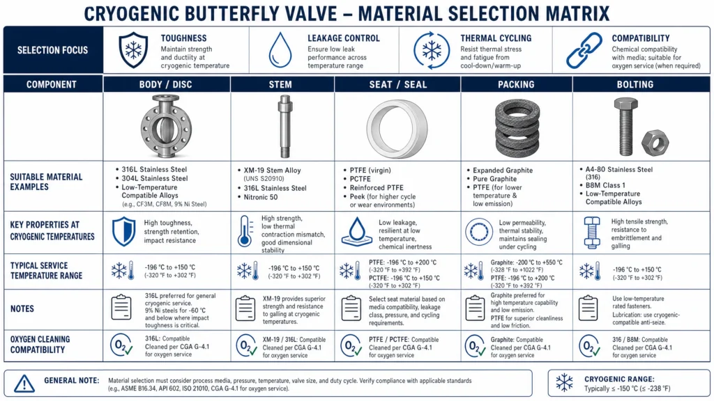 Cryogenic butterfly valve material selection matrix for body, stem, seat, packing, and bolting.