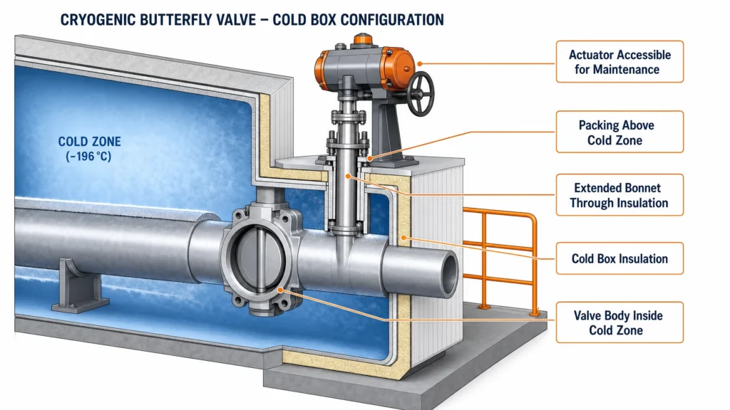 Cold box configuration showing valve body inside the insulated cold zone and actuator accessible outside.