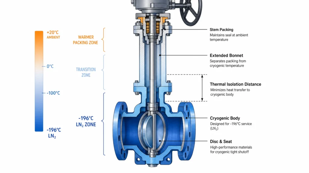 Cross-section of a cryogenic butterfly valve showing extended bonnet thermal gradient and warmer packing zone.