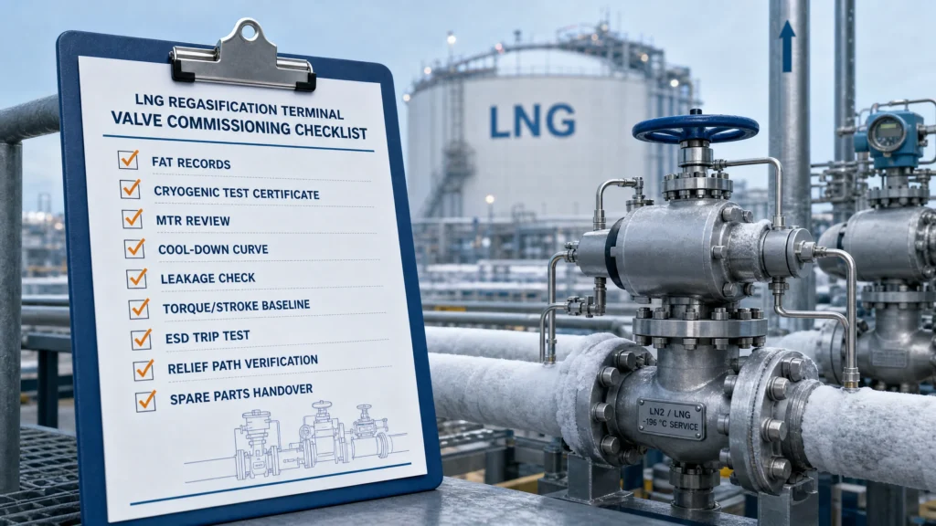 LNG regasification terminal valve commissioning checklist covering FAT, cryogenic certificates, MTR review, cool-down curve, leakage check, torque baseline, ESD testing, relief path verification, and spare parts.