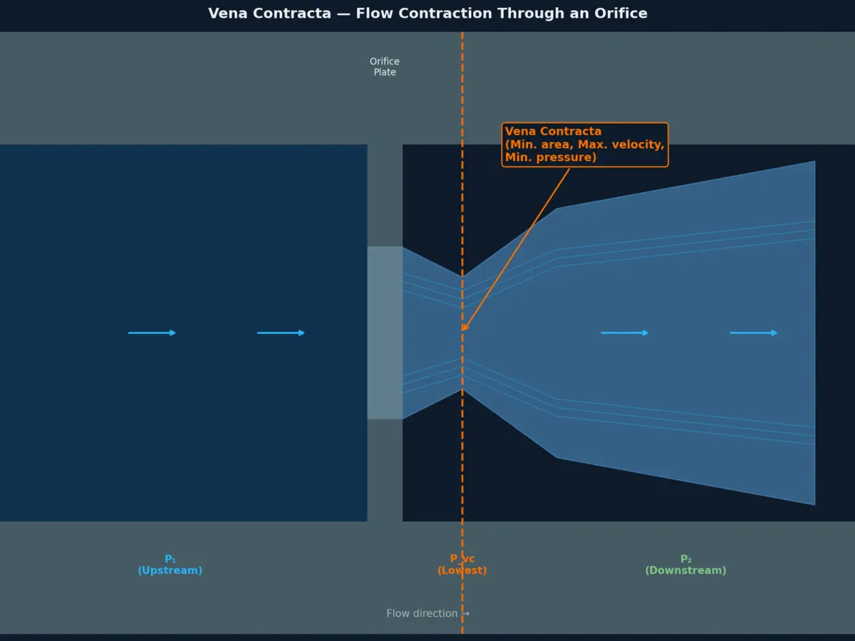 Vena contracta flow diagram — minimum area cross-section downstream of an orifice plate, showing pressure and velocity zones