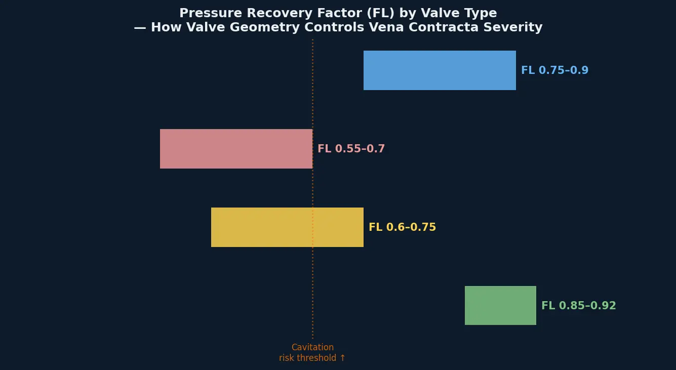 Pressure Recovery Factor FL comparison by valve type — globe, ball, standard butterfly, high-performance butterfly